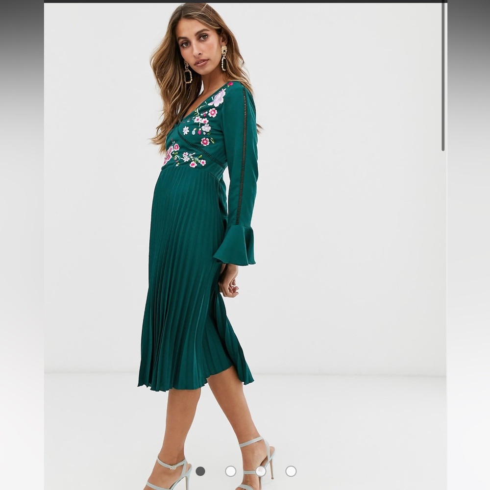 ASOS DESIGN embroidered pleated midi dress with lace inserts